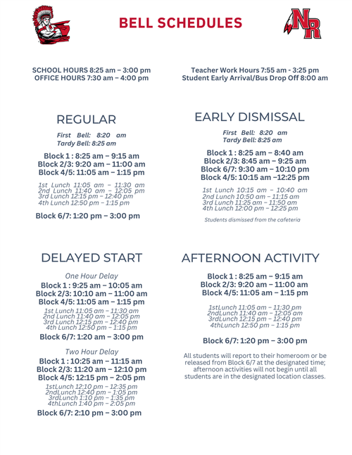 Regular Bell Schedule Block 1 - 8:20 a.m. to 9:15 a.m. Block 2/3 - 9:20 a.m. to 11:00 a.m. Block 4/5 - 11:05 a.m. to 1:15 p.m